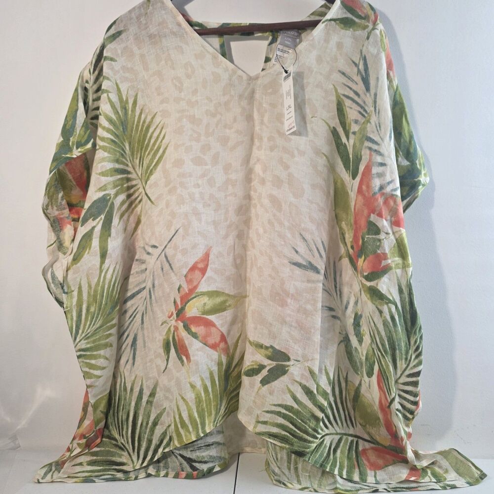 NWT Chico's Size L/XL Tropical Flora Fronds Animal Print 100% Linen Poncho $99